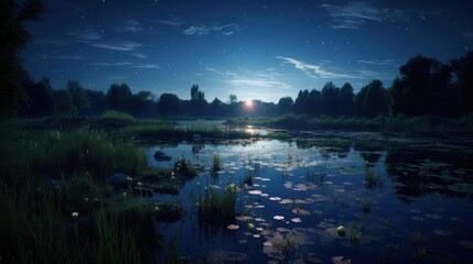 Obraz premium Tranquil Night Scene Over Calm Water with Stars and Reflection