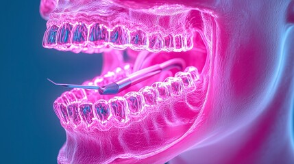 Translucent Pink Skull Model with Dental Tools and Detailed Jaw Structure