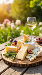 Gourmet cheese platter on rustic table in sunlit garden, culinary delight