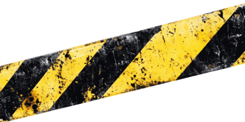 Old black and yellow caution tape with diagonal stripes, isolated on transparent background