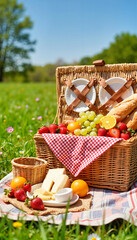 Colorful picnic basket overflowing with fresh fruits and cheeses, summer joy