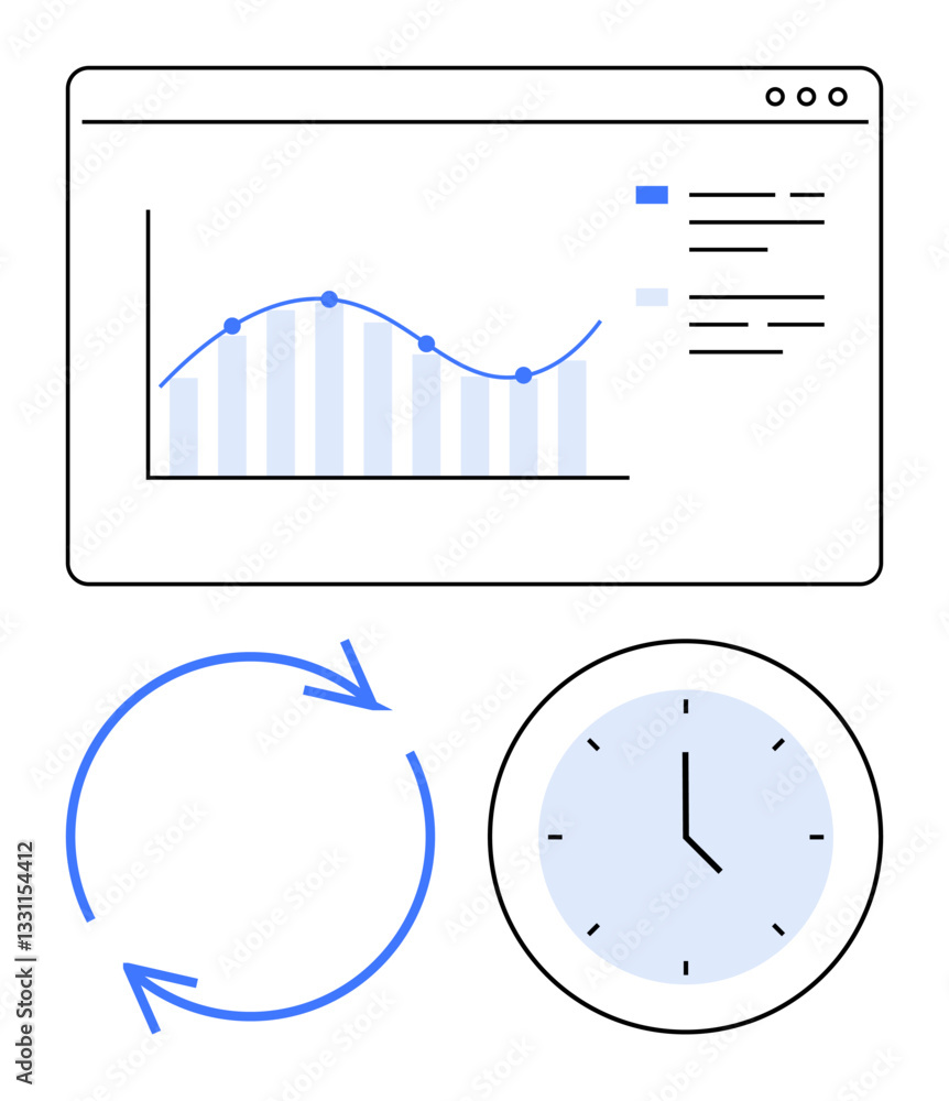 Aufkleber chart with trend data, clock for time, refresh arrows for updates signal progress tracking. ideal fo