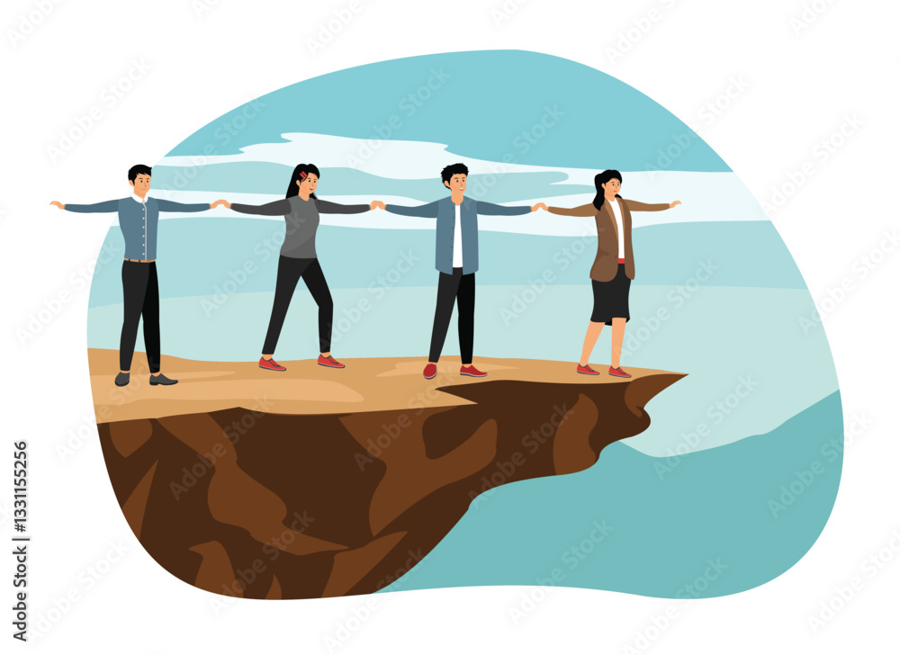 Poster solving problem and difficult work teamwork. team of individuals holding hands on a cliff for unity 