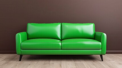 Elegant green leather couch set against a dark brown wall in a stylish home interior living space scene
