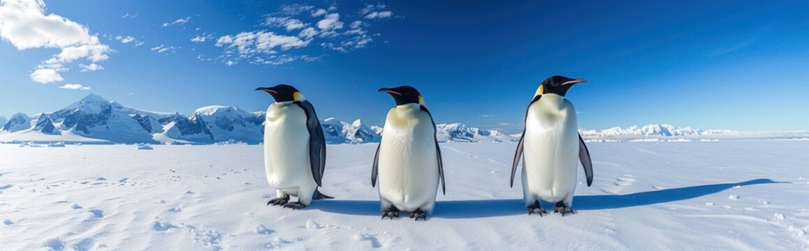 Three Emperor Penguins on the Antarctic Ice