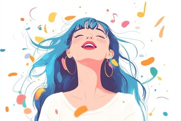 Anime-style illustration of a girl singing  ,white background, summer clothes, sunshine, joy