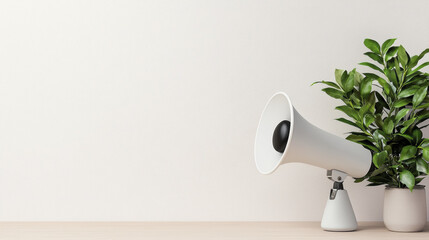 megaphone and potted plant on wooden surface, creating modern and minimalistic atmosphere
