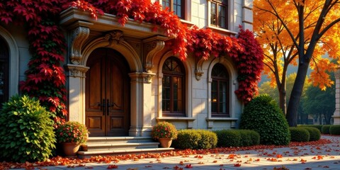 Fototapeta premium Autumnal Elegance A Grand Residence Adorned with Crimson Vines and Golden Foliage on a Crisp Autumn Day