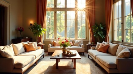 Obraz premium Sunlight streams through expansive windows illuminating a tranquil living room featuring plush sofas and a wooden coffee table, creating a serene and inviting atmosphere
