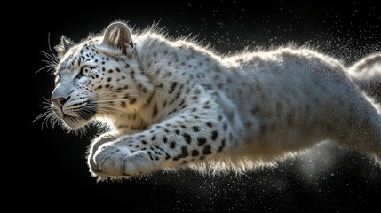 Fototapeta premium Snow leopard leaping with dust in slow motion