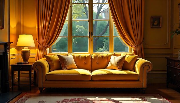 A luxurious yellow sofa in a well lit and decorated living room