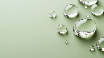 Clear water droplets on soft green surface create serene atmosphere