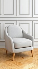 Minimalist room featuring a warm-toned armchair set against an empty white wall creating a sense of space and calm