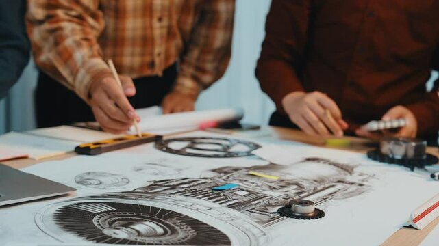 A dynamic team collaborates on an engineering project, engaging with technical drawings and using various drafting tools in a modern workspace environment. SACTR