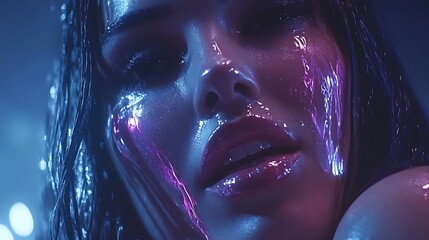 Close-up of woman's face with glowing, wet texture.