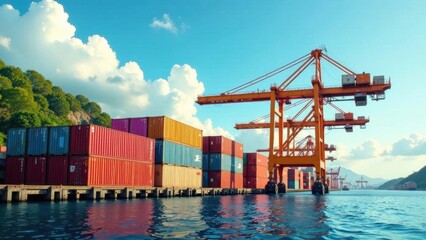 Fototapeta premium Vibrant Cargo Containers Await Transshipment at a Busy Port Under a Sunny Sky