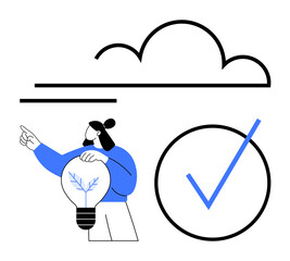 Person gestures toward cloud outline, holding a lightbulb symbolizing eco-ideas, with a bold checkmark indicating success. Ideal for innovation, sustainability, eco-solutions, inspiration, progress