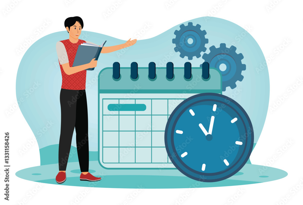 Poster time management concept. men with calendar and clock elements