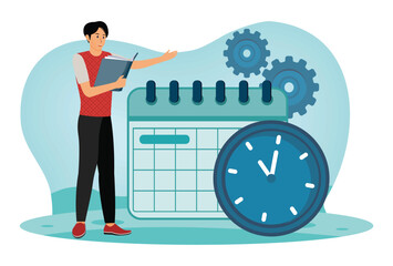 Time Management concept. Men with Calendar and Clock Elements