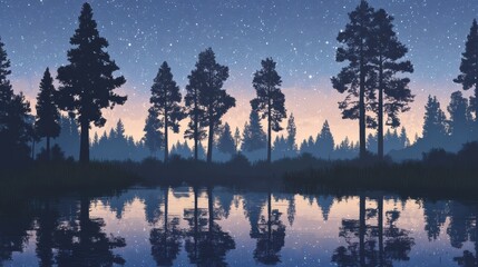 Fototapeta premium Silhouette of Pine Trees at Night Reflected in a Calm Lake Under a Starry Sky