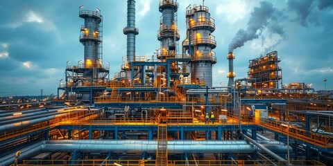 Fototapeta premium Large industrial oil refinery with towering white and orange chimneys, pipelines, and storage tanks
