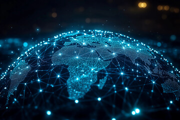 Wireframe globe with interconnected grid lines and streams of light symbolizing global digital connectivity and technological networks in a futuristic design