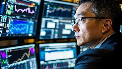 Business professional analyzing financial data on multiple screens in a modern office environment