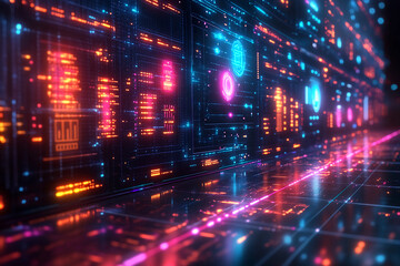 Colorful box plot with neon whiskers and transparent boxes, futuristic digital interface background highlighting data structure and visualization in a modern design