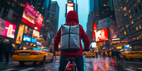 Obraz premium Courier riding bicycle delivering food in times square new york city