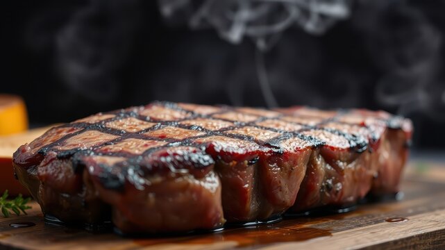 Grilled Steak with Perfect Marks and Smoke on Wooden Board