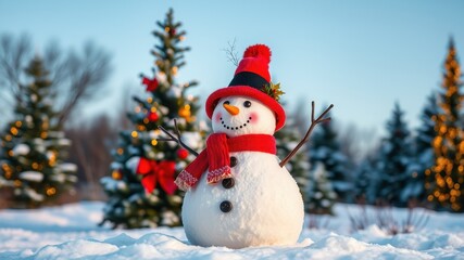 Obraz premium Cheerful Snowman Surrounded by Snowy Trees and Holiday Decor