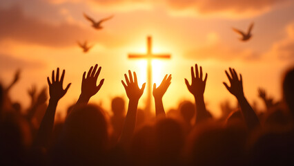 Worship and Faith – Silhouette of People Raising Hands in Prayer Before a Cross at Sunset with Flying Doves