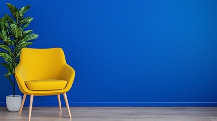 Fototapeta premium Bright yellow chair complemented by a lush green plant in a modern minimalist interior for a cheerful atmosphere
