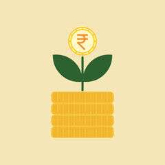 Financial Growth Concept, Indian Rupee Coin Plant on Stack of Coins