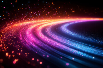 Obraz premium Neon-colored data streams twisting through a dark digital void, creating vibrant light trails in purple, cyan, and yellow in a dynamic digital visualization