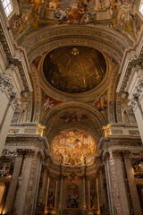 Architecture and painted art on the ceiling at Church of Sant'Ignazio di Loyola in Rome, Italy.