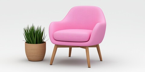 Fototapeta premium Charming pink chair surrounded by lush green potted plants creating a cozy and inviting home atmosphere