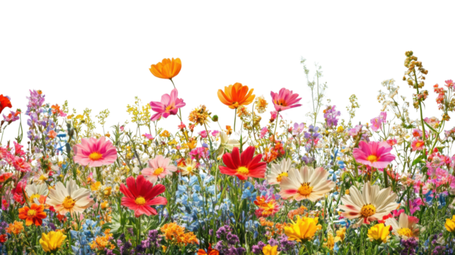 Colorful wildflowers blooming in a transparent background