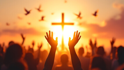 Worship and Faith – Silhouette of People Raising Hands in Prayer Before a Cross at Sunset with Flying Doves