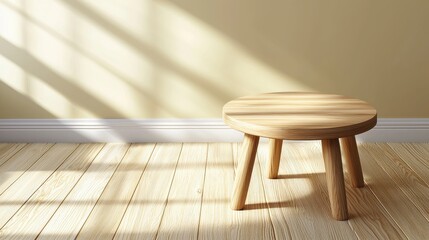 Minimalistic wooden stool placed in an abstract cream room composition creating a modern and elegant atmosphere