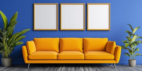 Cozy living room featuring a couch and two framed pictures against a dark blue wall ideal for poster mockup use