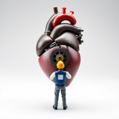 Naklejka premium Heart Mechanic: a conceptual shot of a heart, with a small figurine representing a mechanic, working with gears to represent human health and the heart’s mechanics