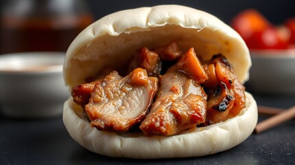 A close-up of a gua bao filled with char siu pork, showcasing the tender meat and soft bun. Suitable for menu books, it offers an appetizing, detailed image.