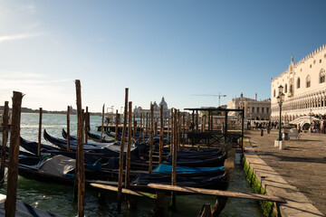 Traditional gondolas docked along the Grand Canal in Venice, Italy, with cityscape views.