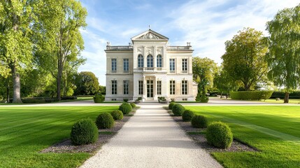 Obraz premium An elegant neoclassical mansion with symmetrical windows, white stone facades, and a beautifully landscaped garden in the foreground.