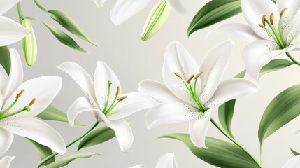 Obraz premium An elegant flower wallpaper featuring intricate white lilies and green leaves on a soft grey background, perfect for a sophisticated home office.