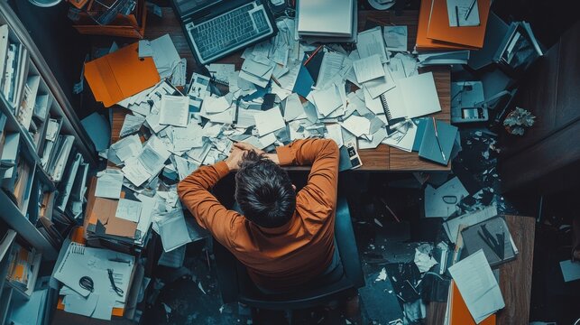 A cluttered workspace with papers and files scattered everywhere, depicting a sense of overwhelm and disorganization.