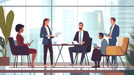 A modern office setting featuring a diverse group of professionals engaged in a meeting, with large windows providing a view of the cityscape.