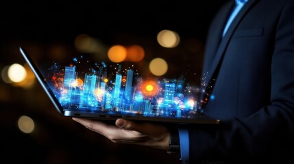 Businessman Holding Laptop Displaying Glowing Cityscape at Night