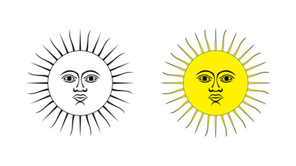 Sun icon set. Yellow sun icons. Shine sun ray set. Sunset icon collection. Yellow sun star icons. Hot solar energy for tan. Vector illustration